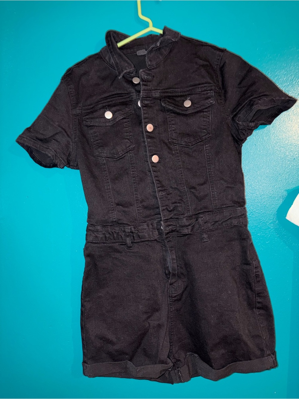 Black Short-Sleeve Denim Romper women large